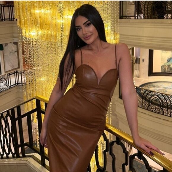 Zara Brown Faux Leather Midi Dress with Spaghetti Straps, Size Medium, Large NWT - Picture 2 of 11